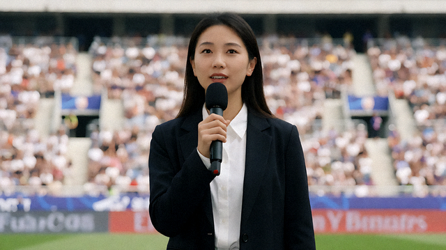 体育新闻发布现场记者在赛场边进行采访报道