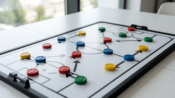 足球战术板上摆放着磁贴棋子，用于示意球队阵型与战术安排