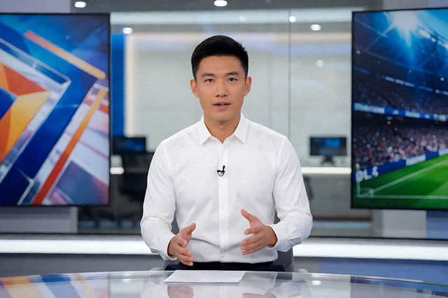 体育新闻演播室中主持人对赛事进行复盘解说